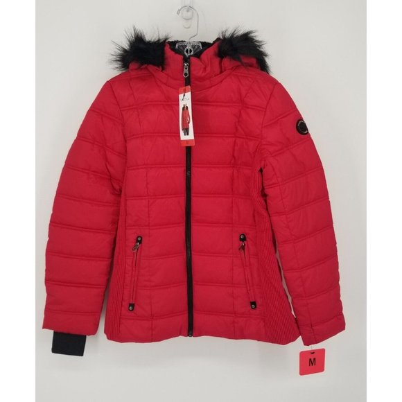 NAUTICA PUFFER COAT WOMENS MEDIUM RED BLACK FAUX FUR TRIM WATER RESISTANT NWT - Picture 5 of 12